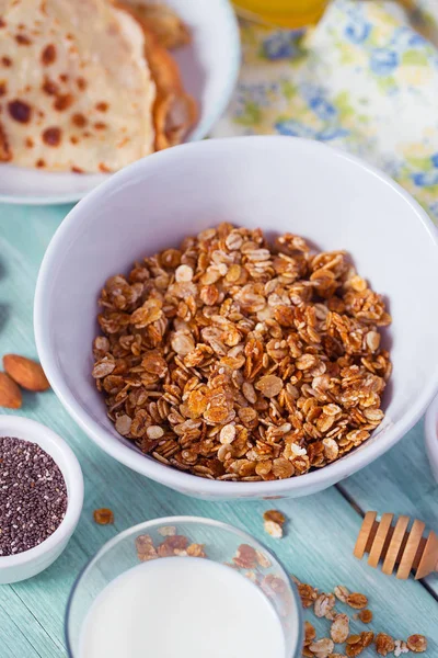 Healthy Breakfast Homemade Granola Pancakes Turquoise Surface — Stock Photo, Image