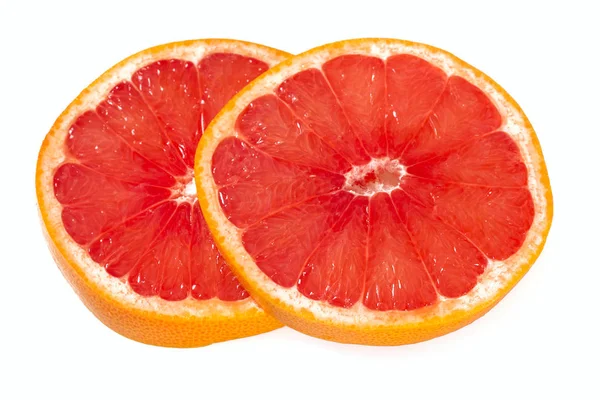 Detailní Pohled Čerstvé Zralé Plátky Grapefruitu Izolované Bílém Pozadí — Stock fotografie