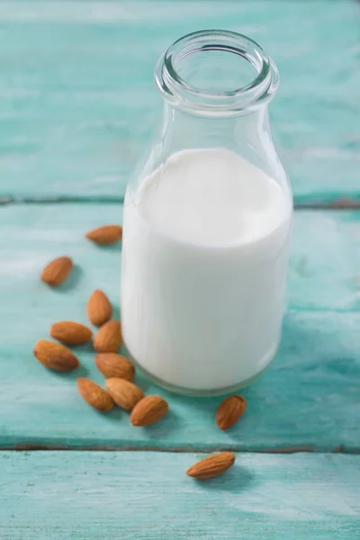 Bottle Healthy Almond Milk Wooden Surface — Stock Photo, Image