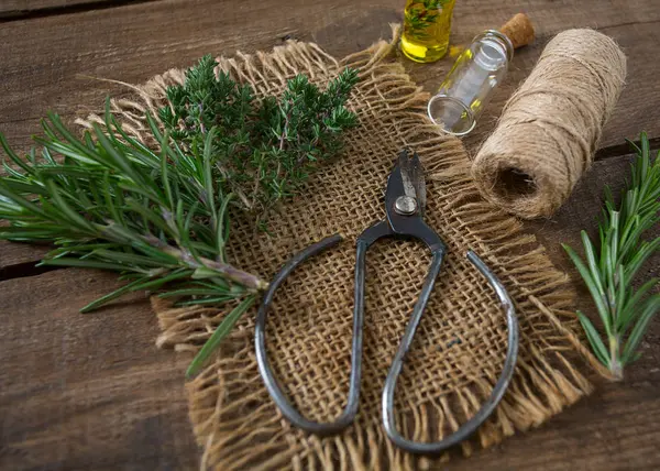 Aceite Oliva Con Hierbas Superficie Madera —  Fotos de Stock