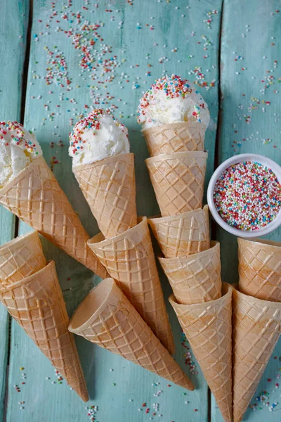 Vanilla Ice Cream Waffle Cones Turquoise Wooden Surface — Stock Photo, Image