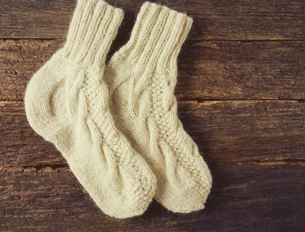 Beautiful Warm Woolen Socks Wooden Surface — Stock Photo, Image