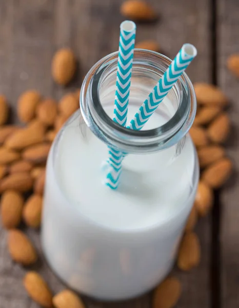 Bottle Healthy Almond Milk Wooden Surface — Stock Photo, Image