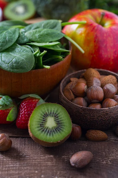 Healthy Food Concept Fresh Fruits Vegetables Wooden Table — Stock Photo, Image