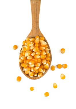 tahta kaşık kurutulmuş Mısır beyaz arka plan üzerinde izole