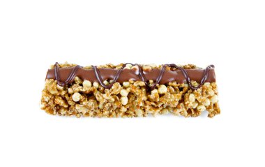 Beyaz arka plan üzerinde izole sağlıklı muesly çikolata bar