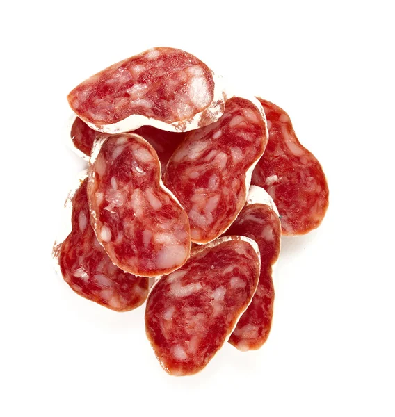 Saboroso Salame Seco Isolado Fundo Branco — Fotografia de Stock