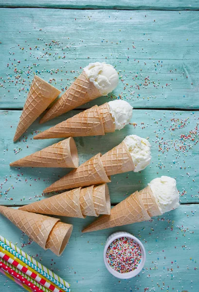 Vanilla Ice Cream Waffle Cones Turquoise Wooden Surface — Stock Photo, Image