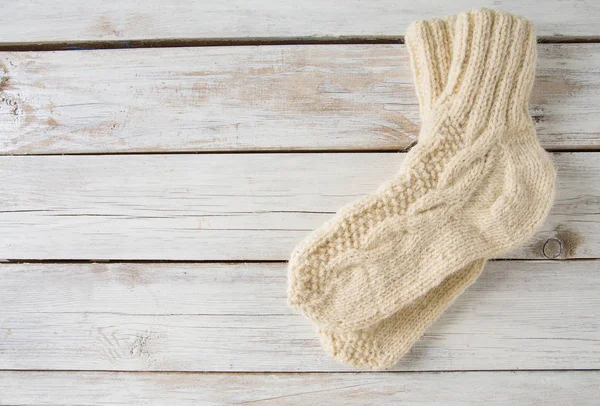 White Knitted Socks Wooden Surface — Stock Photo, Image