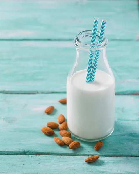 Bottle Healthy Almond Milk Wooden Surface — Stock Photo, Image