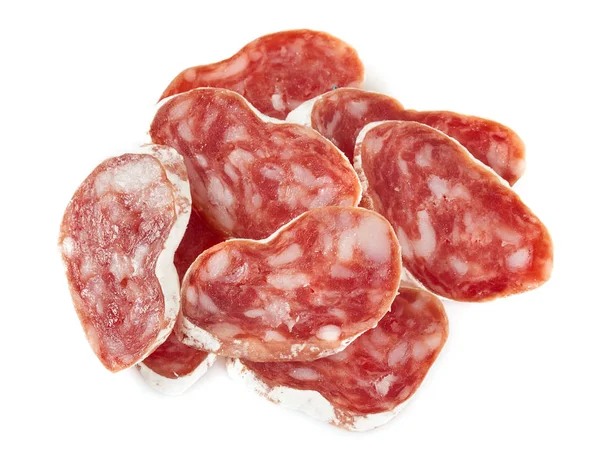 Saboroso Salame Seco Isolado Fundo Branco — Fotografia de Stock