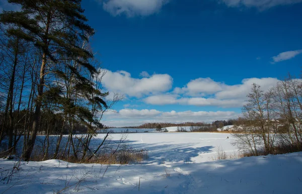 Красивий Зимовий Пейзаж Засніженим Зимовим Озером — стокове фото