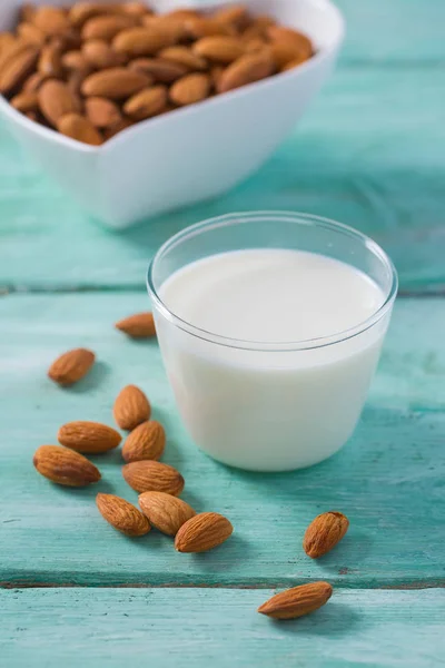 Glass Almond Milk Wooden Surface — Stock Photo, Image