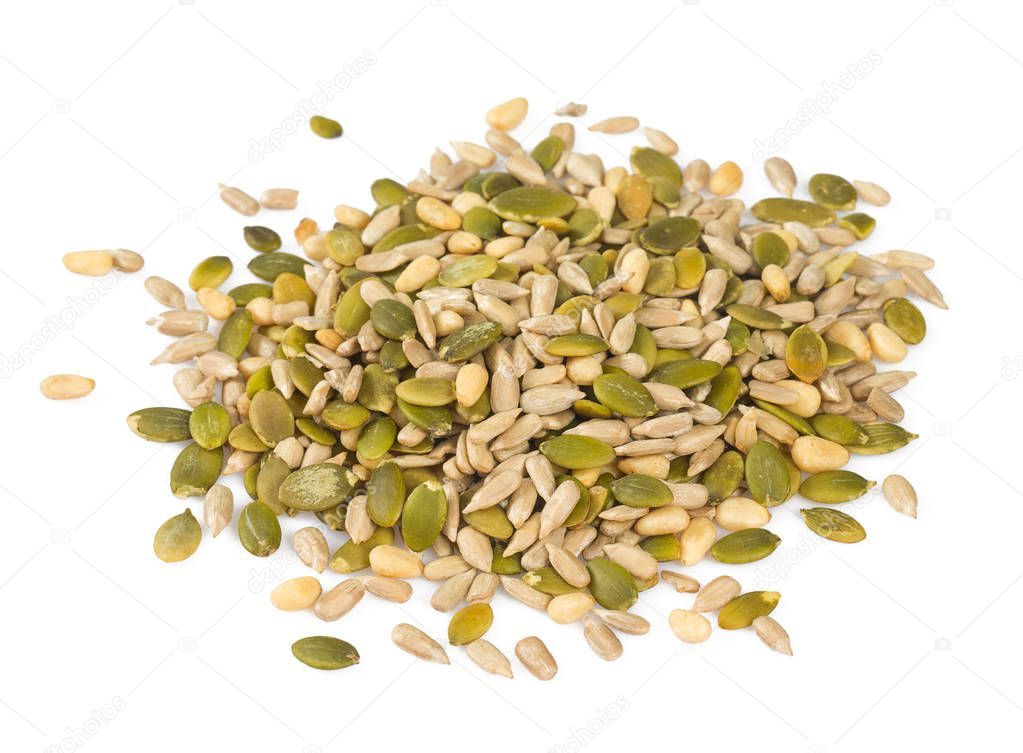 close-up view of healthy seeds mix isolated on white background