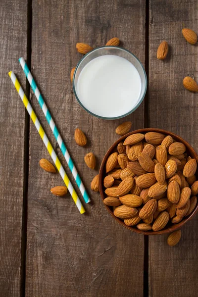 Glass Almond Milk Wooden Surface — Stock Photo, Image