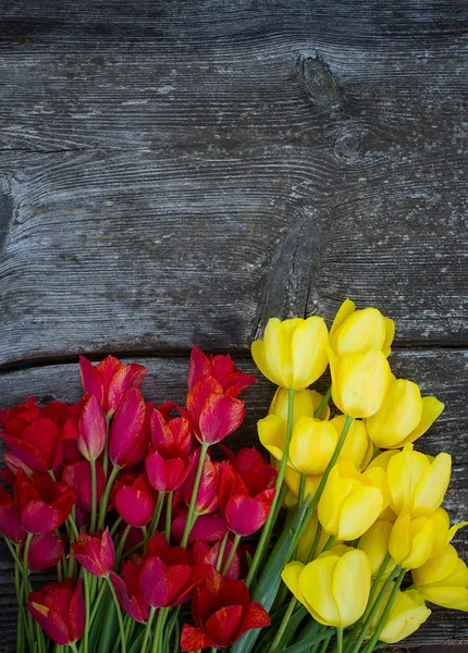 Vista Superior Tulipanes Rojos Amarillos Sobre Superficie Madera — Foto de Stock
