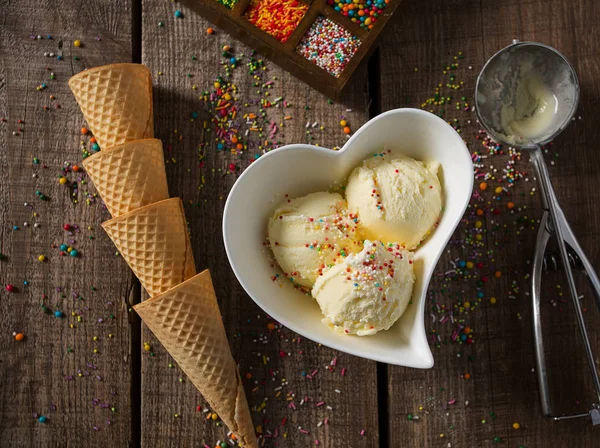 Delicious Vanilla Ice Cream Waffle Cones Wooden Table — Stock Photo, Image