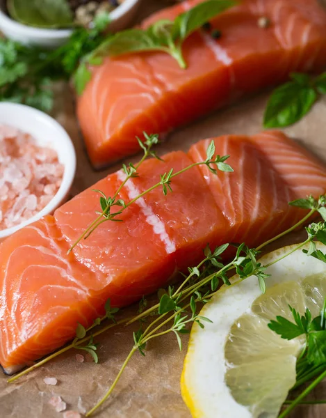 Fresh Salmon Fillet Brown Wooden Surface — Stock Photo, Image
