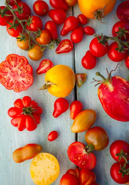 Fresh Organic Colorful Tomatoes Wooden Surface — Stock Photo, Image
