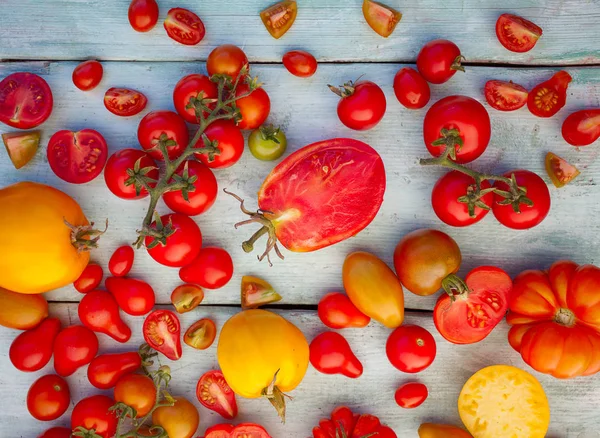 Fresh Organic Colorful Tomatoes Wooden Surface — Stock Photo, Image