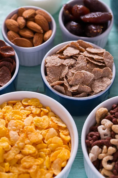 Various Cereals Nuts Dried Fruits Wooden Surface — Stock Photo, Image