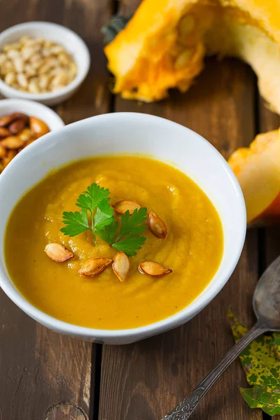 Sopa Abóbora Superfície Madeira — Fotografia de Stock