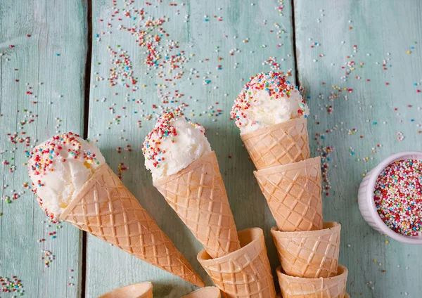 Vanilla Ice Cream Waffle Cones Turquoise Wooden Surface — Stock Photo, Image