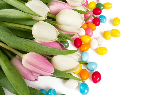Tulips Easter Candies Isolated White — Stock Photo, Image