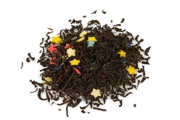 Aromatischer Schwarzer Trockener Tee Mit Sternförmigen Bonbons Und Goldstaub — Stockfoto