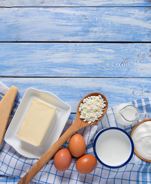 dairy products on wooden surface