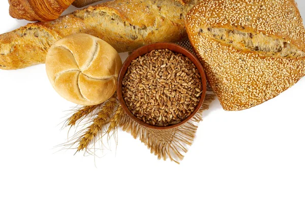 Čerstvý Chléb Zrna Misce Izolované Bílém — Stock fotografie