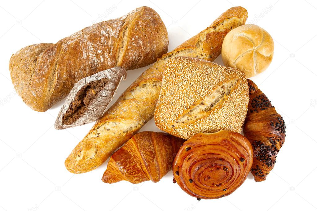 Composition with bread, rolls and wheat ears isolated on white background