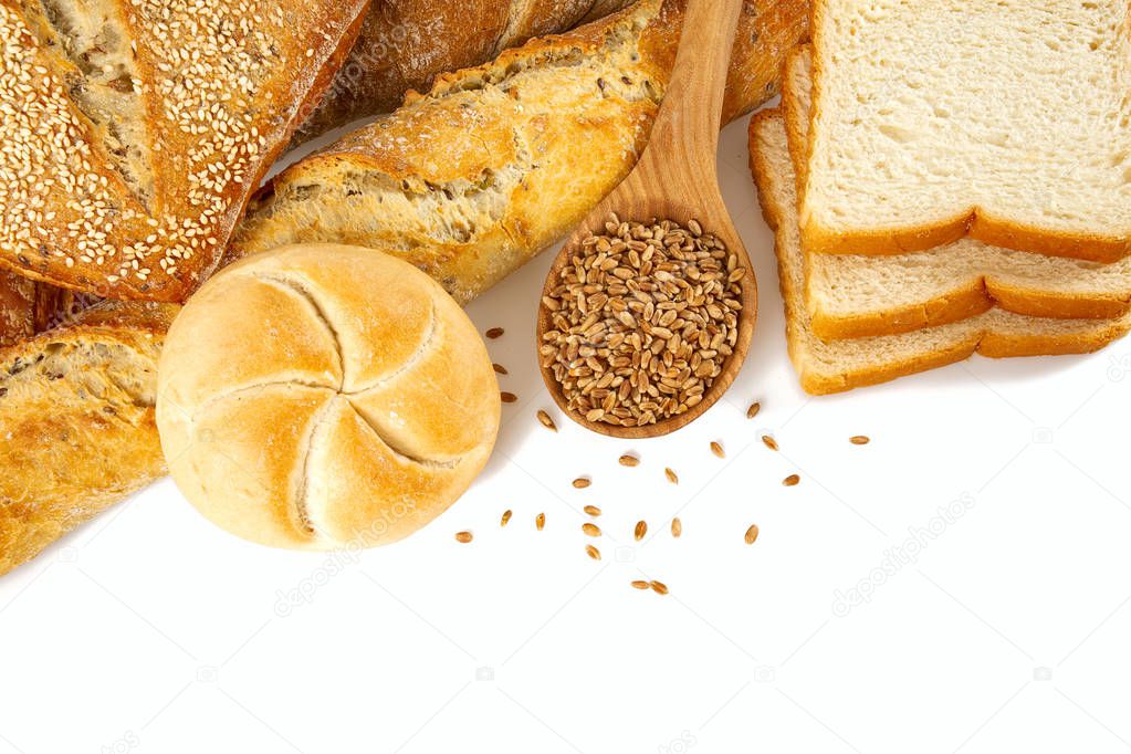 fresh bread and grains in a bowl isolated on white