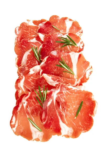 Coppa Parma Kirschtomaten Und Baguette Isoliert Auf Weiß — Stockfoto