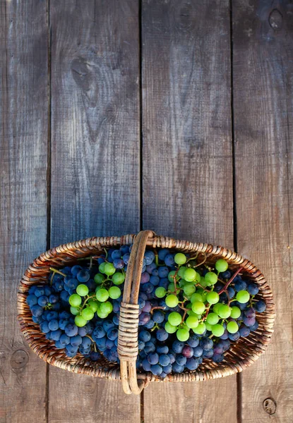 Корзина с виноградом на деревянной поверхности — стоковое фото