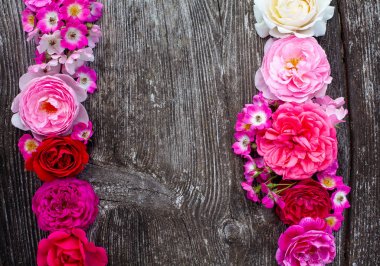ahşap yüzeyüzerinde pembe, kırmızı, mor ve beyaz güller