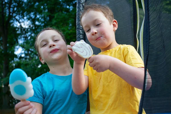 Crianças Bonitos Comer Sorvete Dia Verão — Fotografia de Stock