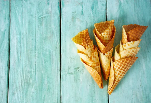 Waffle Cones Turquoise Wooden Surface — Stock Photo, Image