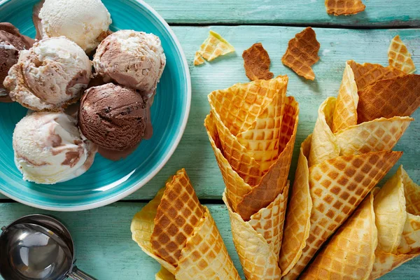 Ice Cream Waffle Cones Turquoise Wooden Surface — Stock Photo, Image