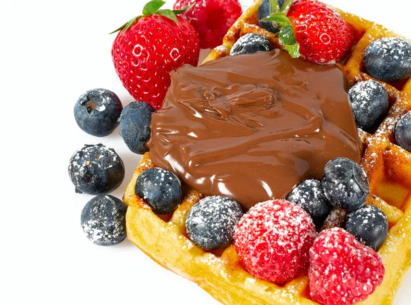 Belgian waffles with berries and chocolate cream — Stock Photo, Image