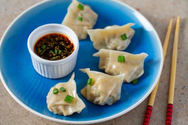 Soya soslu taze Japon gyoza köftesi.