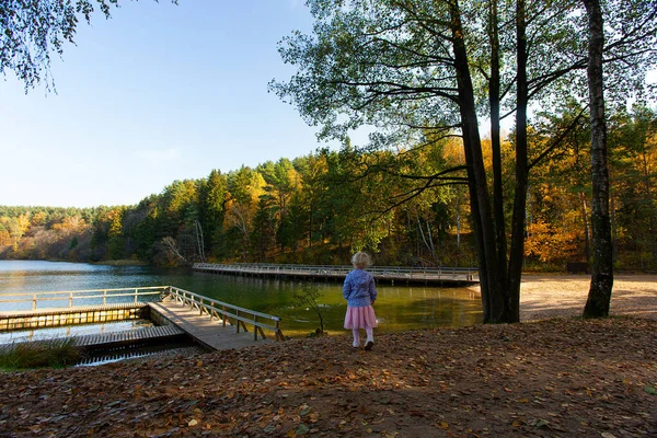 Cute Blond Year Old Girl Next Autumn Lake — Stock Photo, Image