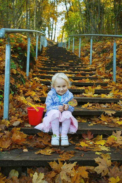 Cute Blond Year Old Girl Autumn Forest — Stock Photo, Image