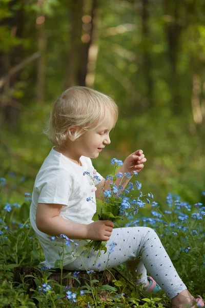 Niedliches Mädchen Wald Pflückt Vergissmeinnicht Blumen — Stockfoto