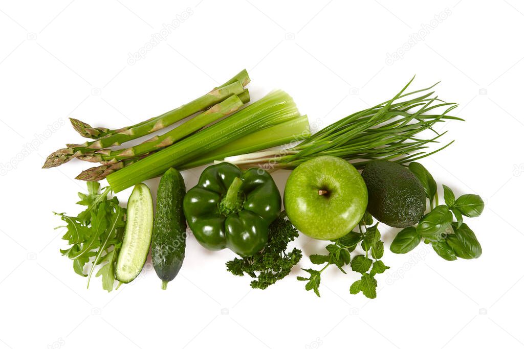 green vegetables, herbs and fruits isolated on white