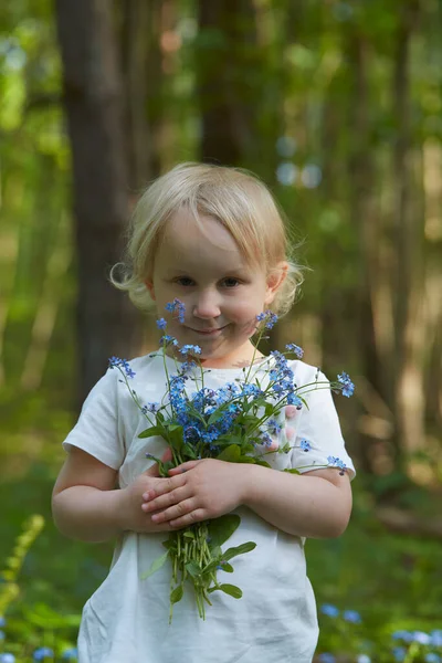 Menina Bonito Uma Floresta Está Escolhendo Esquecer Não Flores — Fotografia de Stock