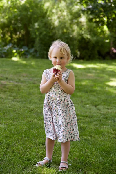 Menina Bonito Está Comendo Cupcake Parque — Fotografia de Stock