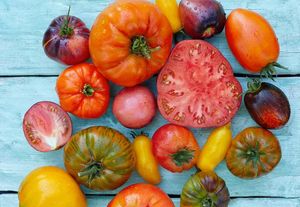 Assortment Tomatoes Turquoise Wooden Surface — Stock Photo, Image