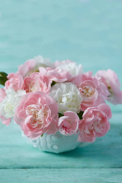 Beautiful Pink White Carnations White Pitcher Turquoise Surface — Stock Photo, Image
