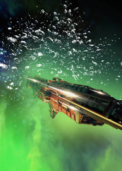 Stora Rymdskepp Flyger Genom Asteroidbältet Med Lysande Gröna Nebulosa — Stockfoto
